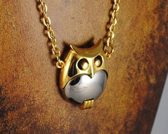 Vintage Owl Necklace Silver and Gold Toned Medium Owl Pendant