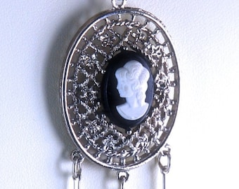 Vintage Cameo Silver Toned Necklace Statement Necklace 1970s
