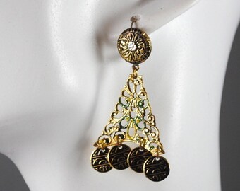 Vintage 14kt Gold Filled Toledo Demascene Earrings Made in Spain Stamped Spain Chandelier 1960s