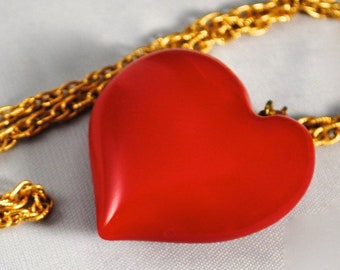 Vintage Heart Necklace Vintage Rare Beautiful Red Puffy Heart Resin Pendant 1970s