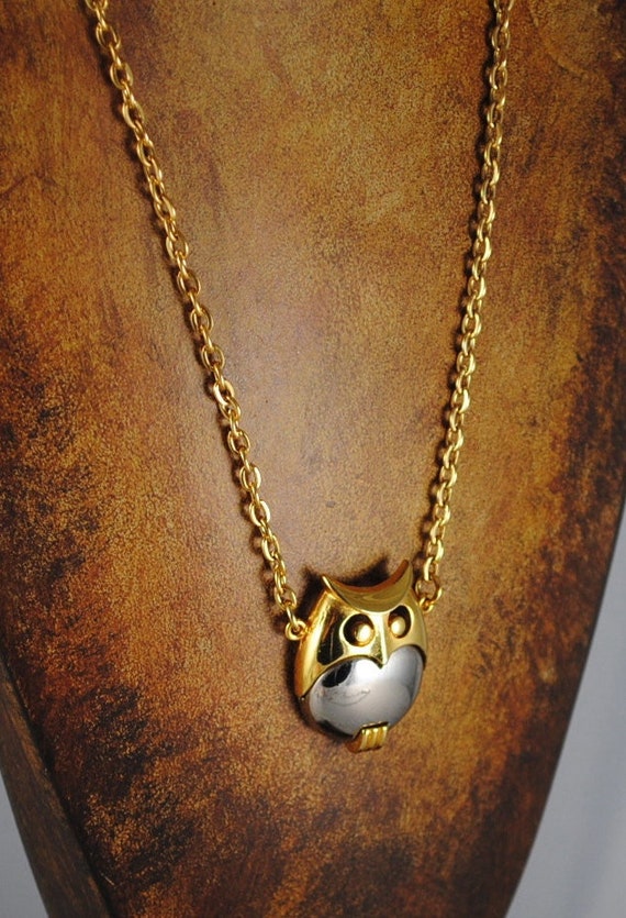 Vintage Owl Necklace Silver and Gold Toned Medium 