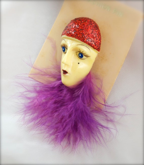 Vintage Lady Pin Face Harlequin Pin Face Feather Broo… Gem