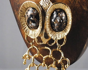 Vintage Large Eyed Articulated Owl Pendant Gold Tone 1970s Necklace Gold Toned