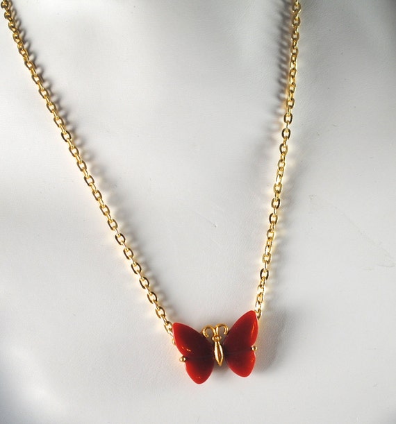 Vintage Small Red Butterfly Pendant 1960s Resin - image 5