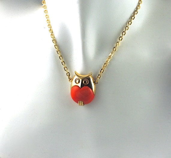 Owl Necklace Vintage Medium Size Orange Marbled a… - image 1