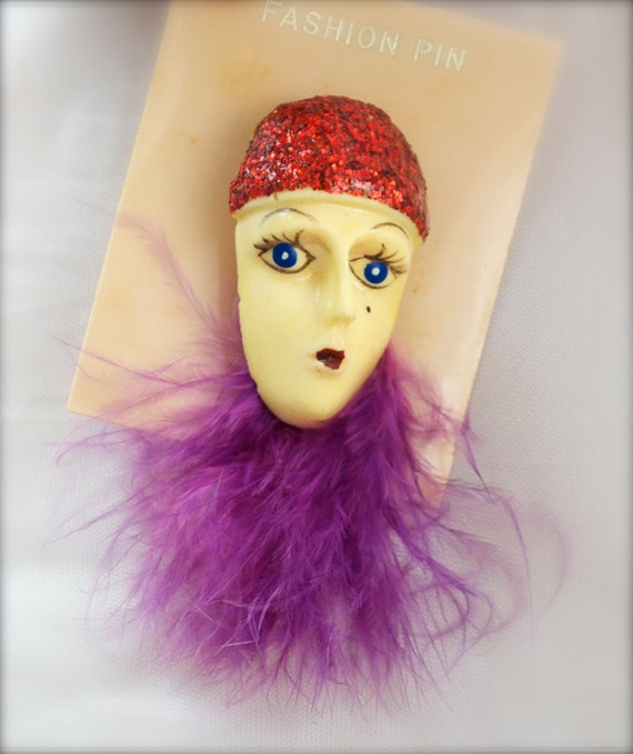 Vintage Lady Pin Face Harlequin Pin Face Feather Broo… Gem