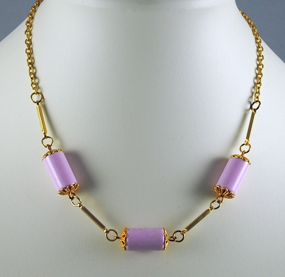 Vintage Beaded Necklace 1970s Lavender Tube Beads - image 1