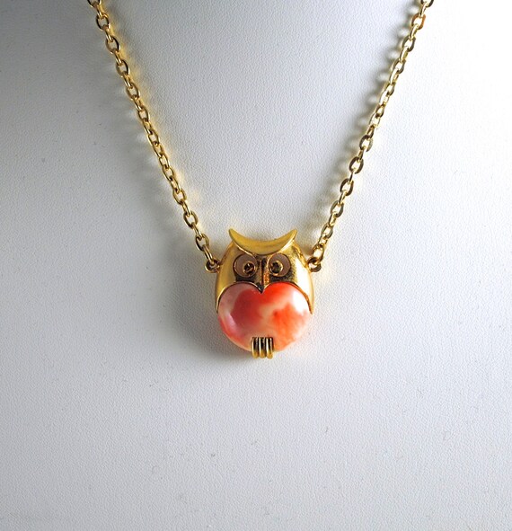 Owl Necklace Vintage Medium Size Orange Marbled a… - image 3