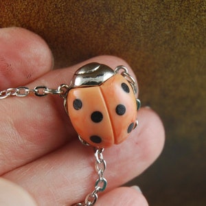 Ladybug Necklace Good Luck Vintage Small Orange Marbled Ladybug Pendant 1970s