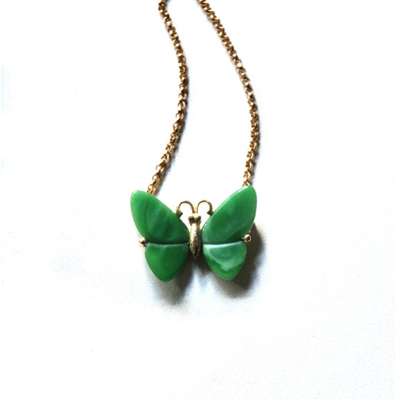 Vintage Small Marbled Green Butterfly Pendant 196… - image 1