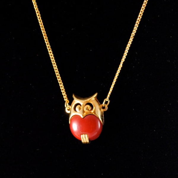 Vintage Rare Small Red and Gold Small Owl Pendant 1970s Mod