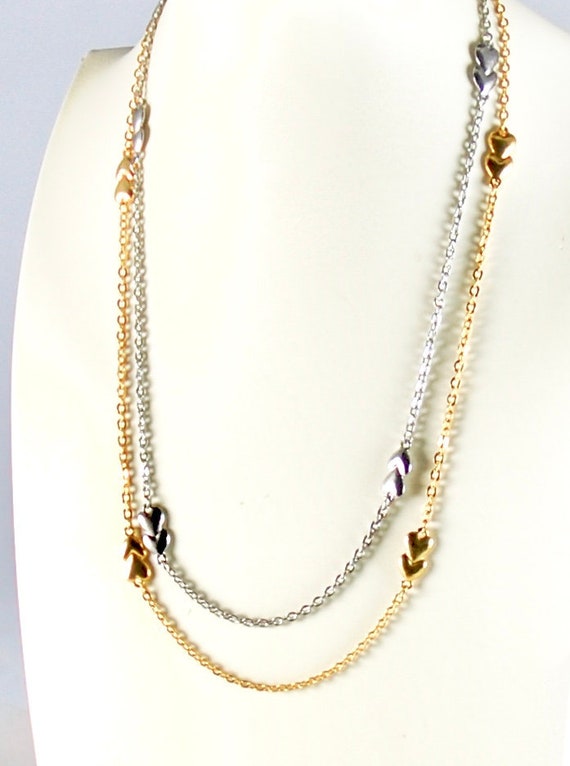 Vintage Heart Chain Necklace 54" Gold & Silver Ton