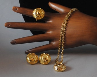 Vintage Gold Plated Jewelry Set...Earrings, Necklace and Ring 1970s