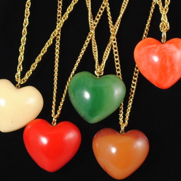 Vintage Medium Puffy Heart Pendant 1970s Resin Jewelry