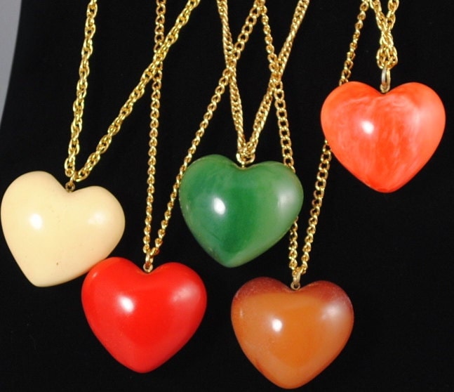 Vintage Medium Puffy Heart Pendant 1970s Resin Jewelry