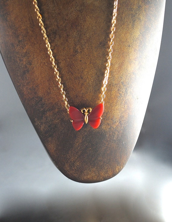 Vintage Small Red Butterfly Pendant 1960s Resin - image 4