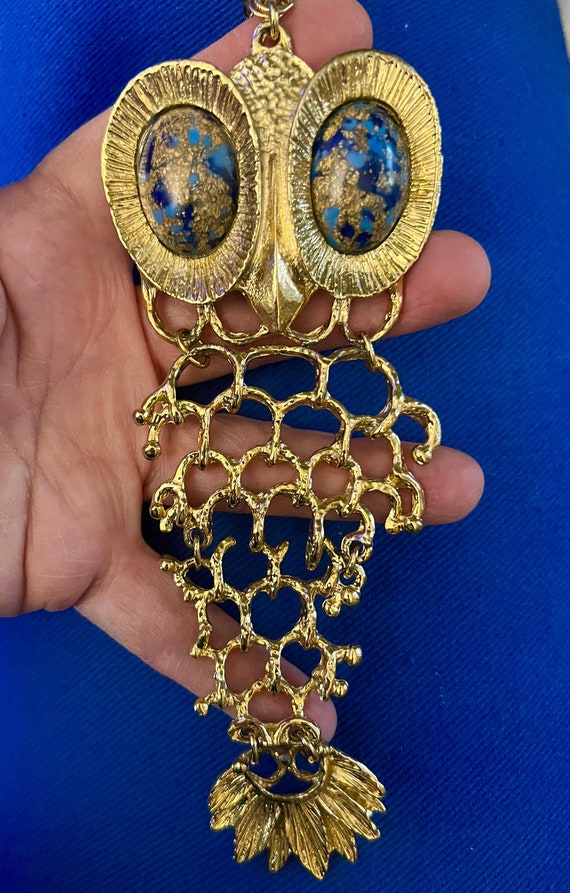 Owl Necklace Vintage Large Blue and Gold Eyed Arti
