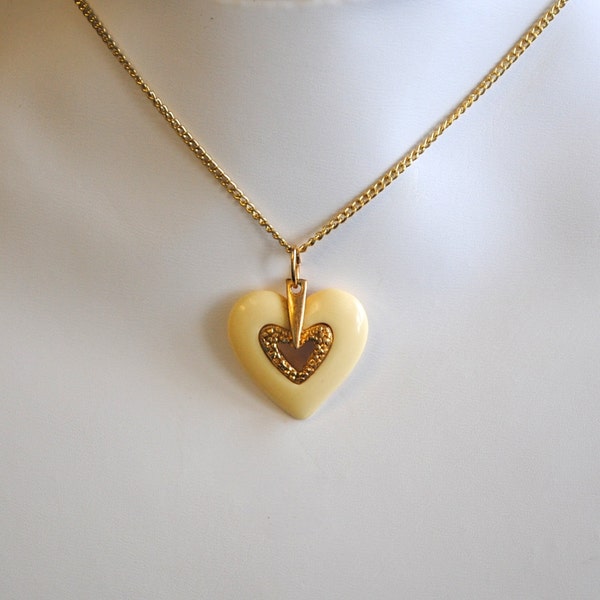 Vintage Mini Lanvin-Like Ivory Colored Resin Heart Necklace