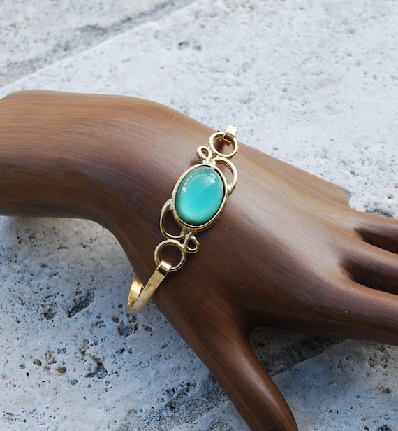 Vintage Sea Green and Gold Toned Bracelet 1970s - image 1