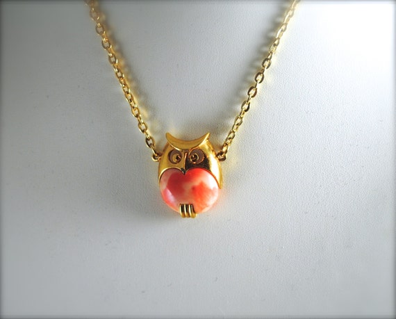 Owl Necklace Vintage Medium Size Orange Marbled a… - image 4