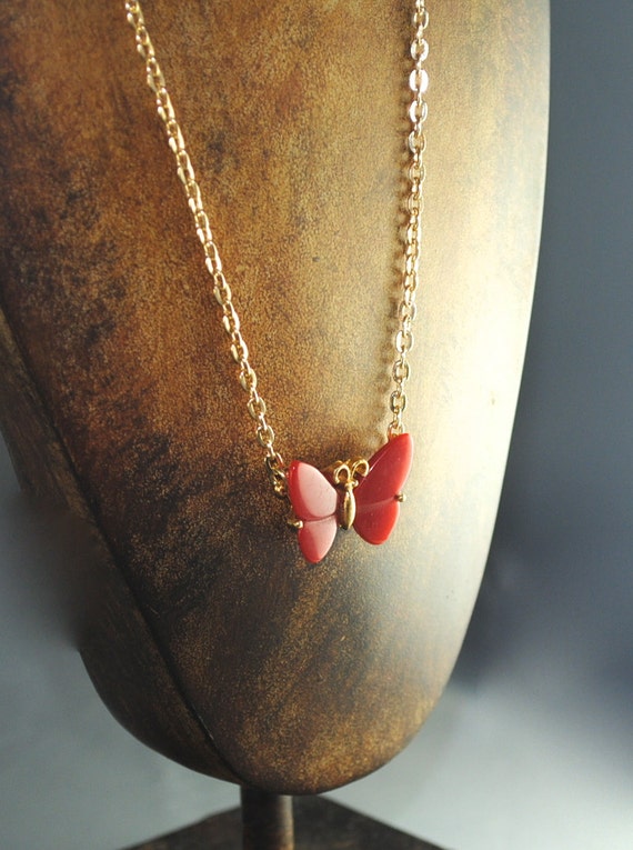 Vintage Small Red Butterfly Pendant 1960s Resin - image 1