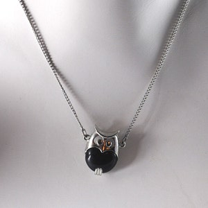 Vintage Rare Black and Silver Small Owl Pendant 1970s Mod image 1