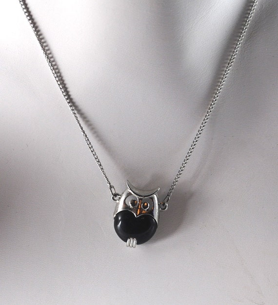 Vintage Rare Black and Silver Small Owl Pendant 1… - image 1