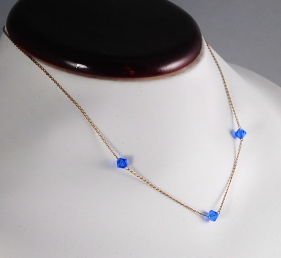 SEPTEMBER Choker Necklace Vintage Fine Gold Filled Sapphire Blue Austrian Crystal Birthstone Diminutive Delicate Bridesmaid Gift