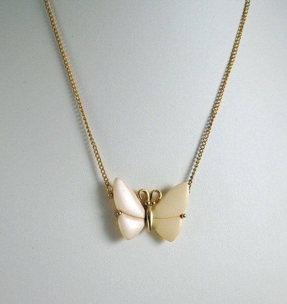 Butterfly Necklace Vintage Small Cream Colored Re… - image 1