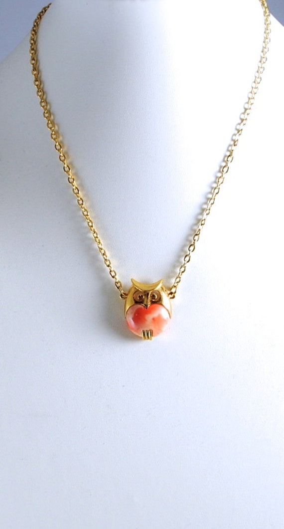 Owl Necklace Vintage Medium Size Orange Marbled a… - image 2