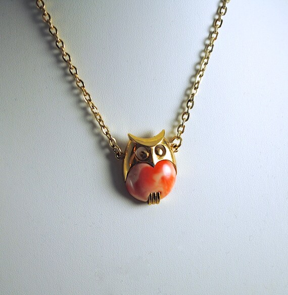 Owl Necklace Vintage Medium Size Orange Marbled a… - image 1