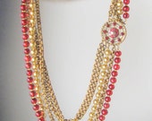 Necklace 1950s Eugene Schultz Multi-Chain Red Enamel Glass Beads Chains Faux Pearls Gold Hand Restored