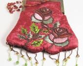Art Deco Flapper Bag Purse Beaded Red Velvet Hand Made Needle Work Roses Flowers Scalloped Fringe Zelda Gatsby
