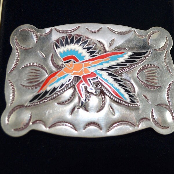 Dancing Thunderbird Belt Buckle B-K Silversmiths Large Nickle Silver AZ Engraved Indian Southwest Cowboy Enameling Rockabilly