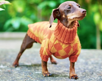 Unique harlequin dog sweater - All breeds - Wool - Dachshund clothing - Hand knitted - Turtleneck - Dog apparel - Jacket- Custom Dog Clothes