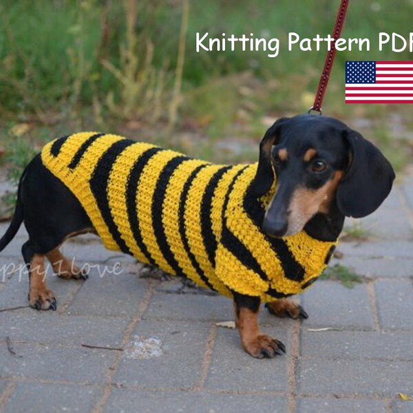 Knitting PATTERN PDF Dachshund Sweater in 1 Size S Chest 15-16 inch, Small Dog Costume, Bee Sweater, Dog Sweater, Dog Clothes, Dog Gift