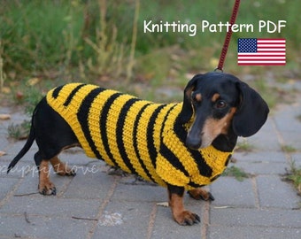 Knitting PATTERN PDF Dachshund Sweater in 1 Size S Chest 15-16 inch, Small Dog Costume, Bee Sweater, Dog Sweater, Dog Clothes, Dog Gift