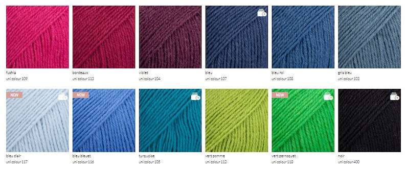 May include: A color chart of yarn samples in various colors, including fuchsia, burgundy, violet, blue, teal, green, and black. The yarn is labeled with the color name and a corresponding number.
