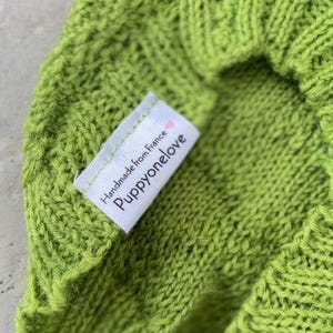 May include: A bright green knitted dog sweater with a white label that says "Handmade from France Puppyonelove".