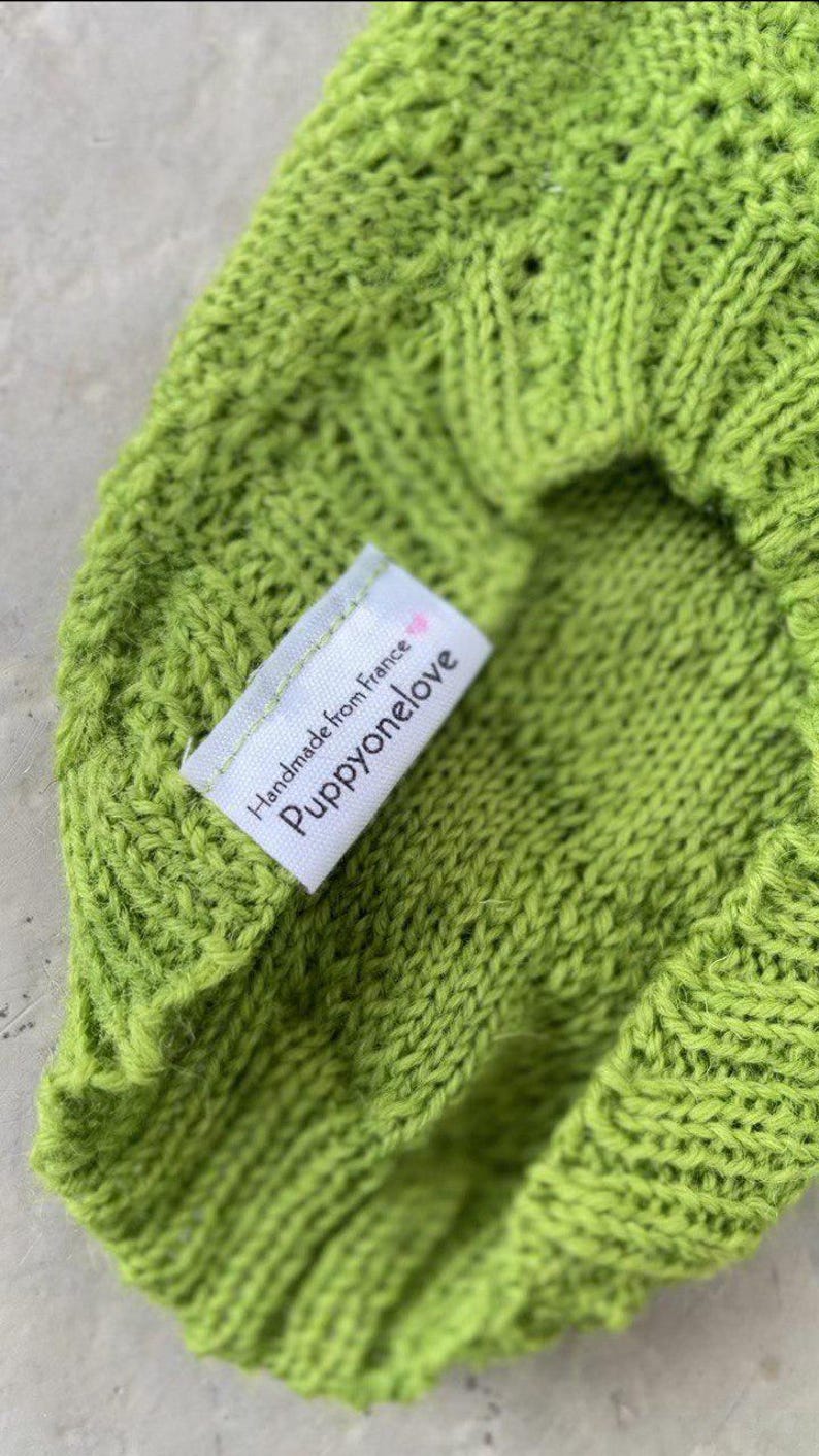 May include: A bright green knitted dog sweater with a white label that says "Handmade from France Puppyonelove".