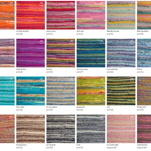 May include: A collection of 20 different striped fabric swatches in various colors and patterns. The swatches are arranged in a grid of four rows and five columns. Each swatch has a name and a print number printed below it.