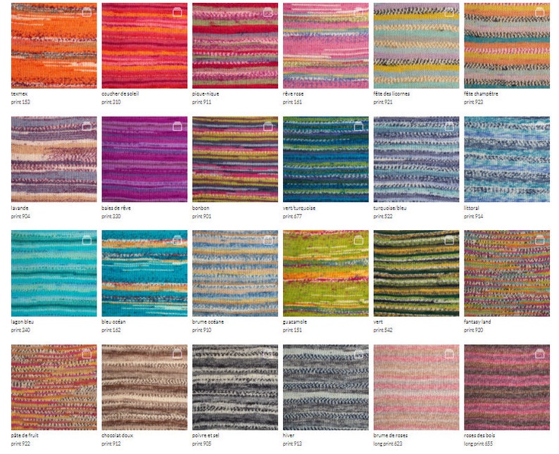 May include: A collection of 20 different striped fabric swatches in various colors and patterns. The swatches are arranged in a grid of four rows and five columns. Each swatch has a name and a print number printed below it.