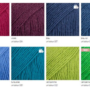 May include: A colour chart of yarn samples in various colours, including fuchsia, burgundy, violet, blue, teal, green, and black. The yarn is labelled with the colour name and a corresponding number.