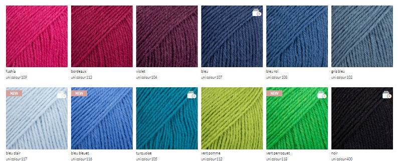 May include: A colour chart of yarn samples in various colours, including fuchsia, burgundy, violet, blue, teal, green, and black. The yarn is labelled with the colour name and a corresponding number.