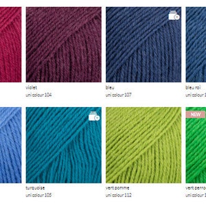 May include: A color chart of yarn samples in various colors, including fuchsia, burgundy, violet, blue, teal, green, and black. The yarn is labeled with the color name and a corresponding number.