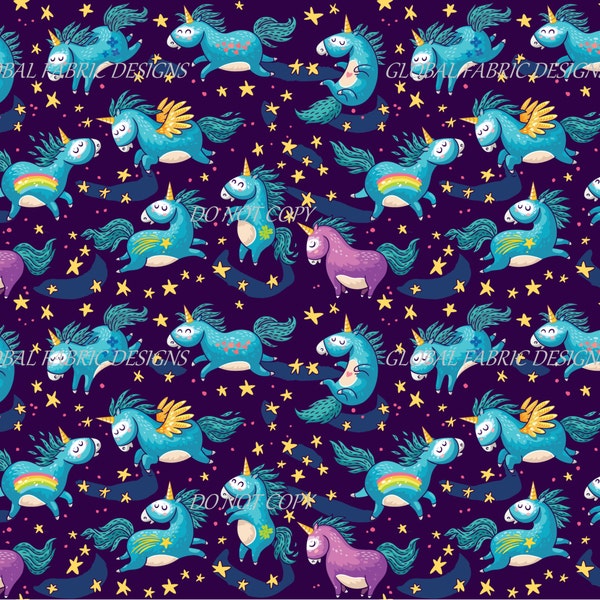 Happy Unicorns on Purple cotton lycra jersey knit fabric - UK seller