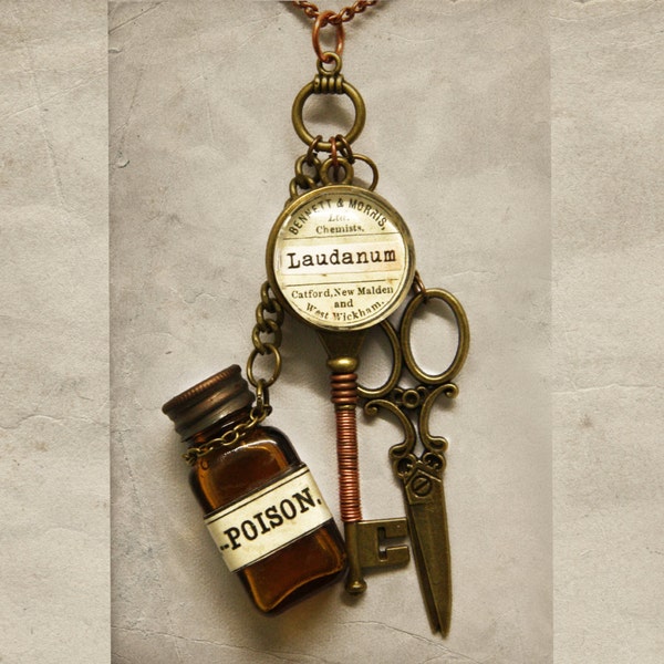 Steampunk apothecary ''Laudanum' key pendant with antique poison bottle and label, copper wire and scissors charm - Science medical jewelry