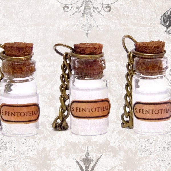 S. PENTOTHAL (Truth Serum) miniature labelled 2cm glass clear liquid filled vial pendant - chemistry sci-fi spy super villian jewelry