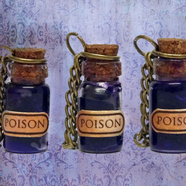 Miniature purple poison pendant - Labelled 2cm glass vial - Halloween costume or cosplay - dark fairytale gothic horror macabre fantasy gift