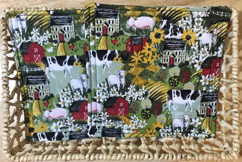Red Barn Cows Hot Pads Farm Print